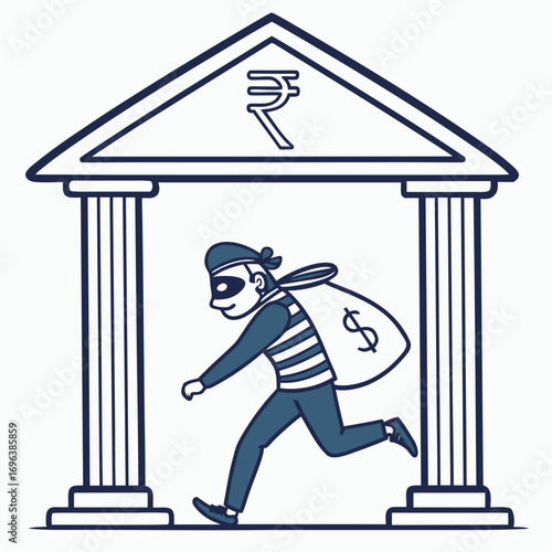 Cartoon thief wearing a mask and striped shirt running out of a bank with a bag of money