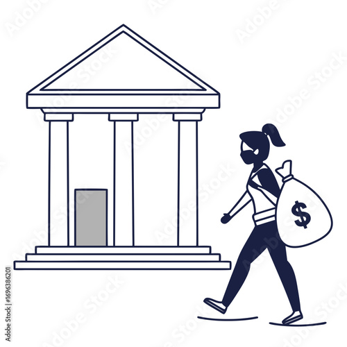 Woman wearing a mask walks away from a bank carrying a large bag of money with a dollar sign