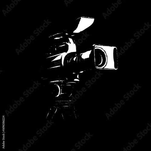 Vintage video camera stands on tripod against black backdrop, capturing moments for storytelling and creativity
