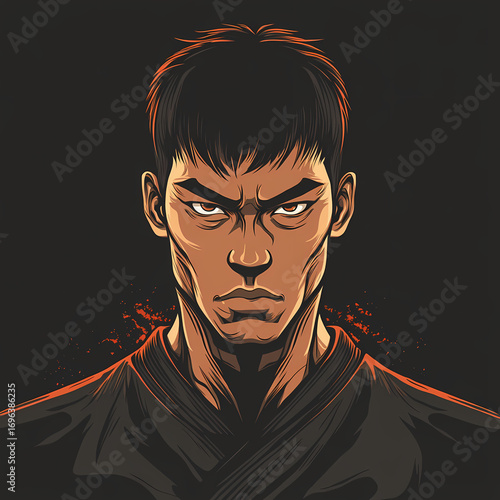Dynamic Illustration of Intense Martial Artist with Focused Expression and Traditional Attire in Bold Colorful Style