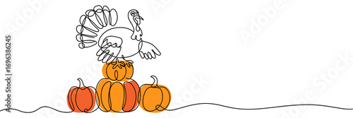 Thanksgiving turkey on pumpkins, simple line drawing, minimalist line, single line, isolated on white background 