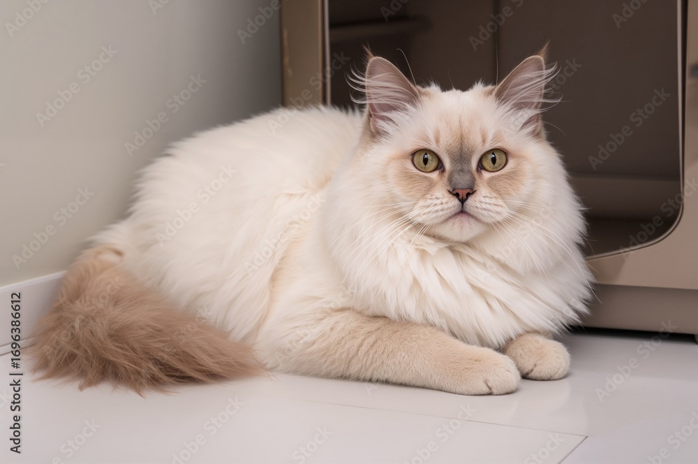 Obraz premium Feline resting beside the waste tray.