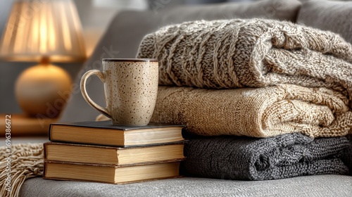Wallpaper Mural Cozy reading corner boneless couch covered in textured throws stack of books ceramic mug on side table soft evening lamp glow minimalistic setting Torontodigital.ca