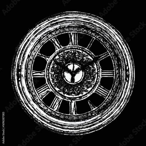Intricate clock design featuring decorative elements and a classic wheel shape