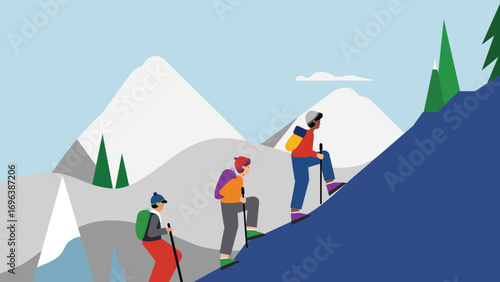 Diverse Hikers Climbing Mountain Trail in Winter Landscape