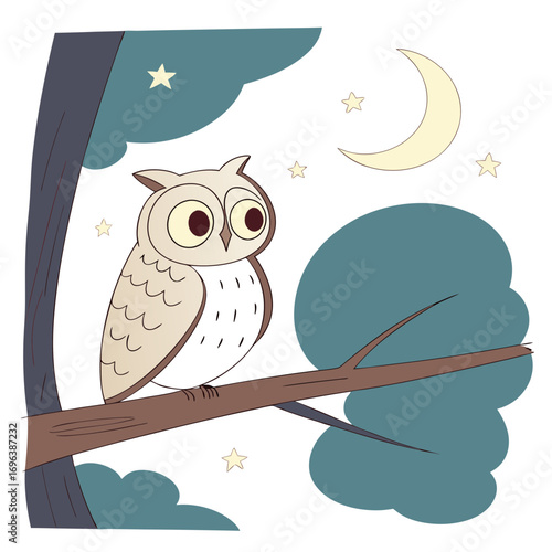 Owl Sitting on Tree Branch under Moon Night Sky Vector