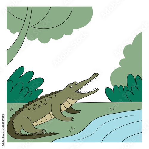 Crocodile Illustration in River with Jungle Trees Vector Art