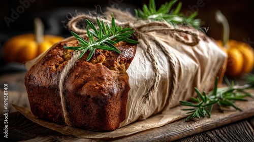 Fototapeta Naklejka Na Ścianę i Meble -  Pumpkin spice banana bread loaf gift wrapped in parchment paper tied with twine sprigs of rosemary festive autumn holiday gift idea