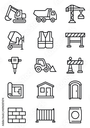 Construction Sites icons in minimalistic line art style: excavator, dump truck, crane, scaffolding, concrete mixer, safety vest, steel beams, barrier