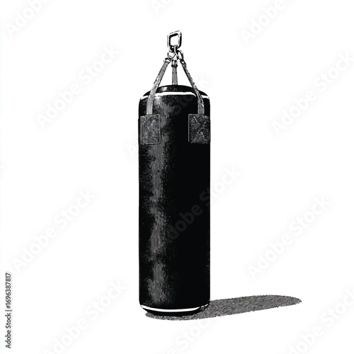Classic black punching bag hanging from chains illustration on white background with shadow