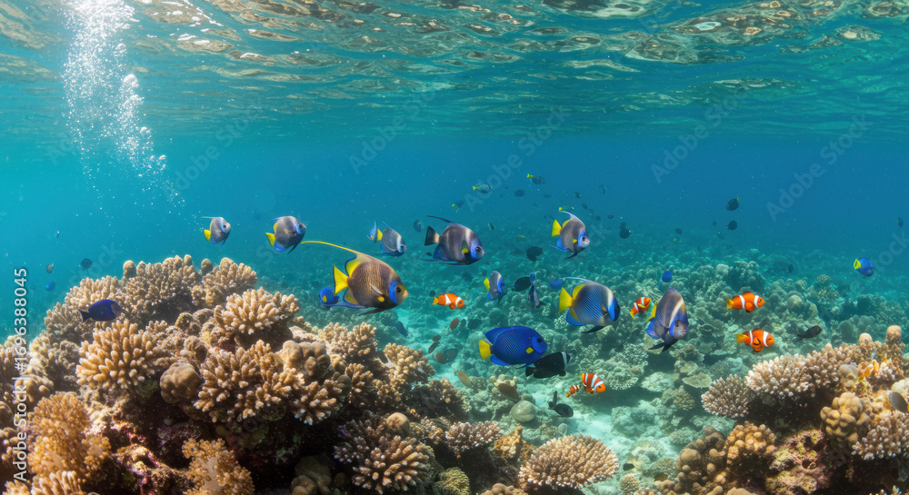 Obraz premium Underwater coral reef teeming with colorful fish and clear blue water