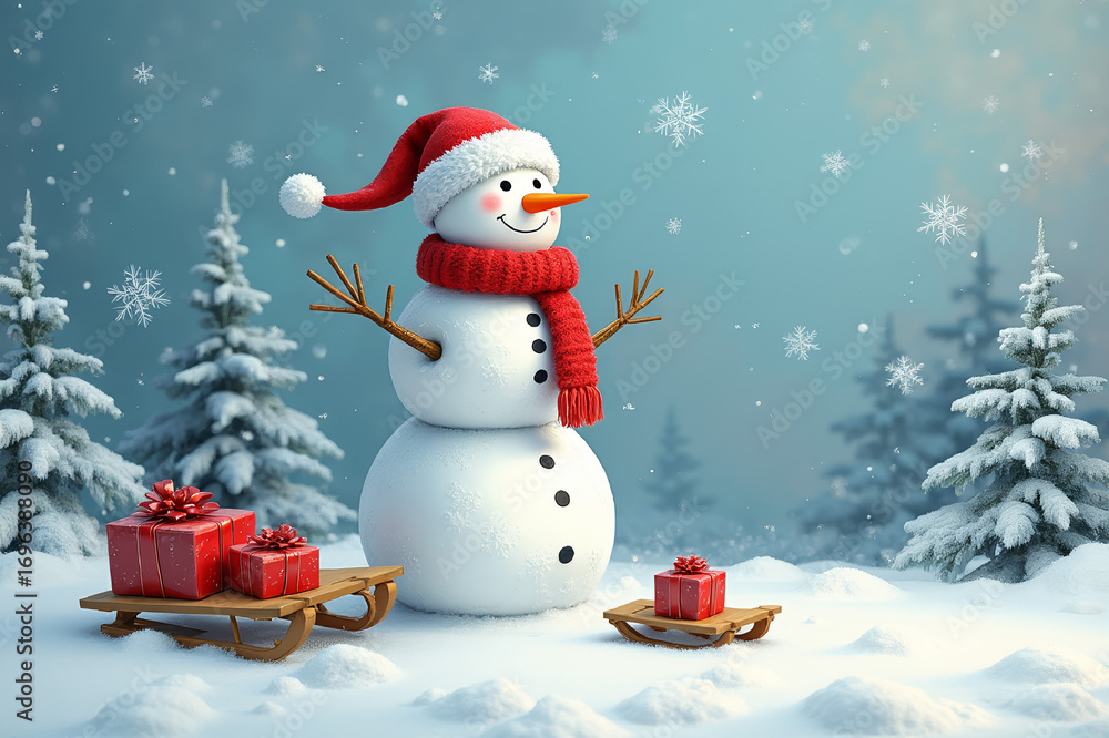 Obraz premium Сheerful snowman wearing red scarv and hat, riding wooden sleds with gift boxes, surrounded by snowy trees. AI generated. 
