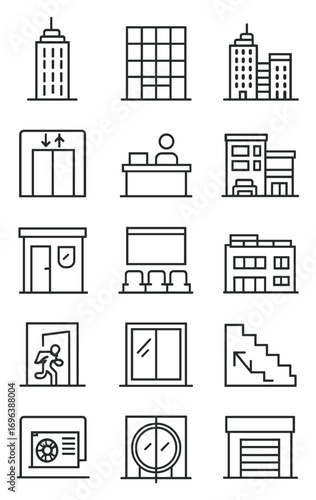 Office Buildings icons in minimalistic line art style: skyscraper, glass facade, office tower, business park, elevator, lobby desk, parking garage,