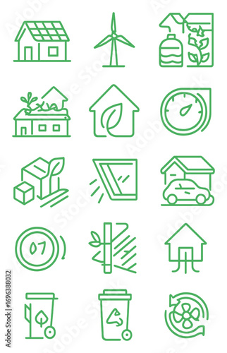 Green Architecture icons in minimalistic line art style: solar panel roof, wind turbine, rainwater tank, green wall, rooftop garden, eco house, energy
