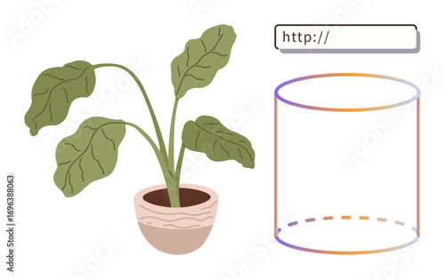 Green potted plant alongside browser bar and transparent 3D cylinder. Ideal for nature, technology, growth, creativity, minimalism, innovation, and sustainability concepts. Simple flat metaphor