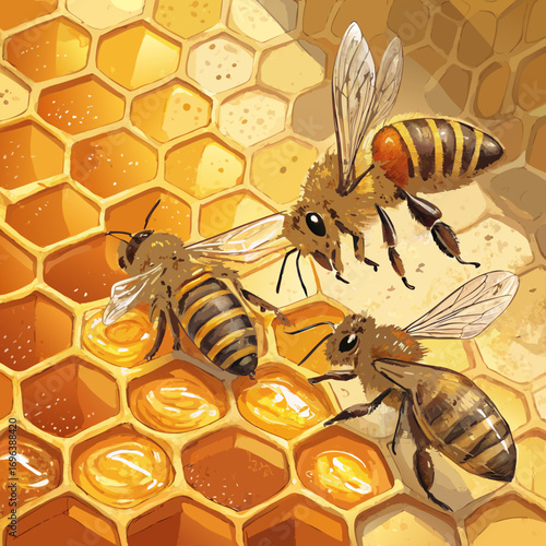 Vector Illustration of Bees with Honeycomb in Natural Beekeeping and Organic Design