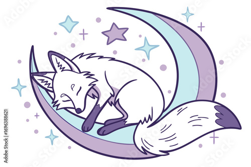 Cute white fox sleeping on a crescent moon with stars and sparkles