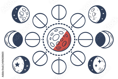 Stylized phases of the moon and celestial bodies illustration