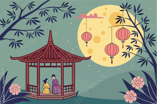 Asian couple in a gazebo under a full moon with lanterns