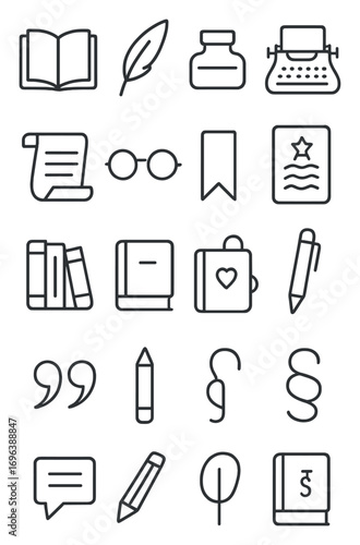 Literature icons in minimalistic line art style: open book, feather pen, ink bottle, typewriter, scroll, reading glasses, bookmark, poetry page,