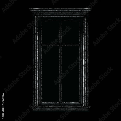 Dark wooden window with minimalist design on a black background creates a moody atmosphere