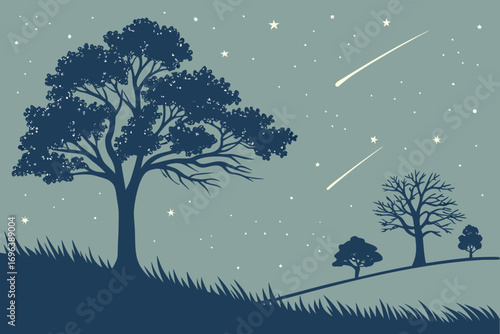 Silhouette of trees and grass under a starry night sky with shooting stars