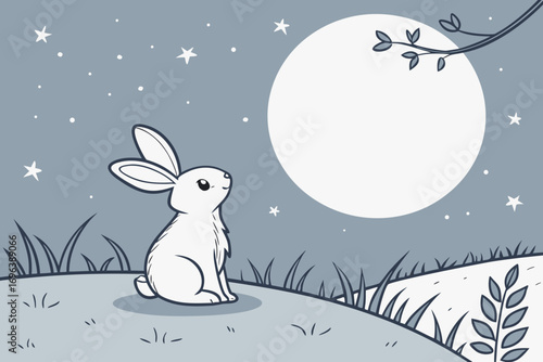 Cute white bunny sits on a hill looking at the full moon and stars