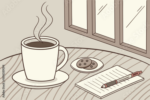 Cozy morning coffee with cookies and a notebook by the window
