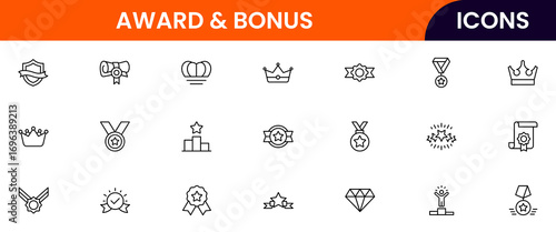 Awards vector web line icon collection, sleek illustrations of trophies, medals, and recognition symbols for celebratory and achievement designs.