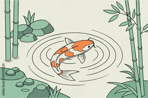 Stylized koi fish swimming in rippling water with bamboo and rocks