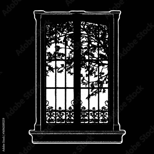 Detailed silhouette of a window with intricate tree branches and leaves in a darkened environment during twilight hours