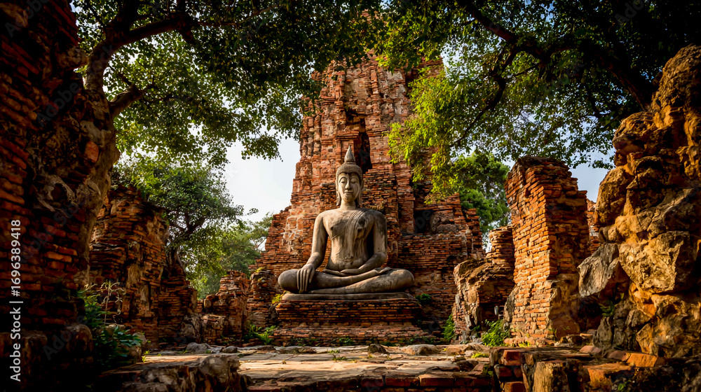 Naklejka premium A weathered statue of Buddha, sitting in the ruins of Ayutthaya's Lelyoang Temple
