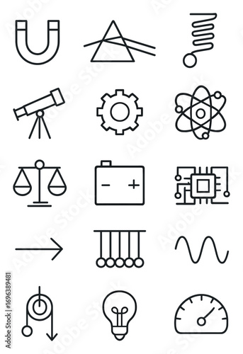 Physics icons in minimalistic line art style: magnet, prism, pendulum, spring, telescope, gear, atom model, circuit board, balance scale, battery,