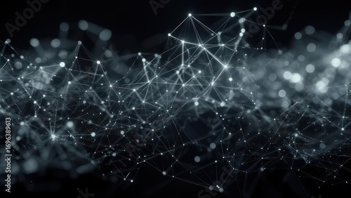 Abstract dark background with glowing network nodes and connections forming a wave-like pattern