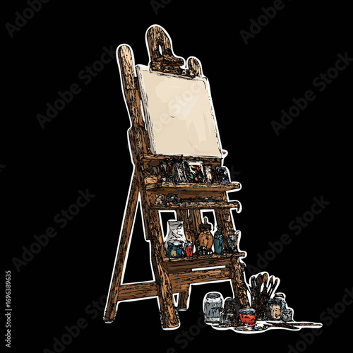 Artist's easel stands ready for creativity in a cozy studio space, with tools and supplies nearby, waiting for inspiration to unfold