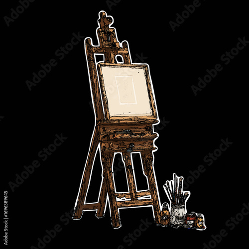 Easel with blank canvas and art supplies positioned for creative work in an artist's studio setting