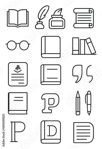 Literature icons in minimalistic line art style: open book, feather pen, ink bottle, typewriter, scroll, bookmark, reading glasses, diary, bookshelf,