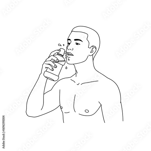 Man using mouthwash, focused mood, drinking from bottle, simple black and white vector illustration