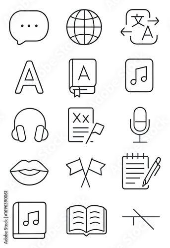 Language Studies icons in minimalistic line art style: speech bubble, globe, alphabet blocks, translation arrows, letter A, dictionary, audio file,