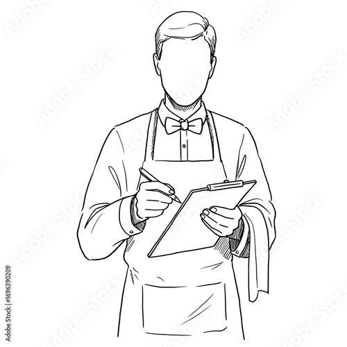 Waiter sketch, serious mood, holding clipboard and pen, minimal background for service and payment concept