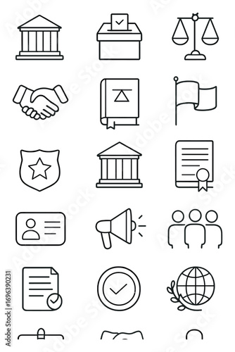 Civics icons in minimalistic line art style: government building, ballot box, scale of justice, gavel, handshake, law book, flag, constitution, police