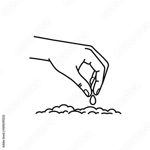 Hand planting seed, focused mood, dropping seed into soil, minimal black and white vector illustration