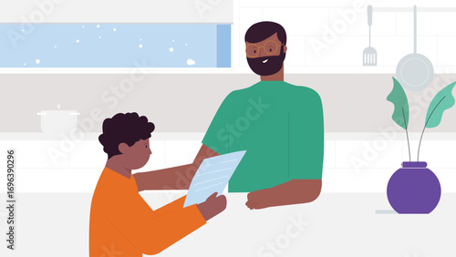 Father Helping Son with Homework in Cozy Kitchen
