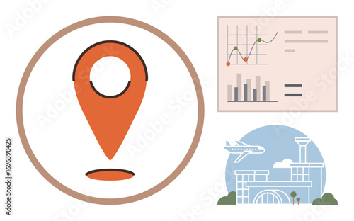 Orange location pin, analytics chart with graphs, and airport building paired with airplane. Ideal for travel, logistics, global navigation, data analysis, tourism trends, location services simple