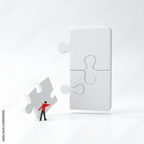 3d minimal problem solving concept. teamwork collaboration concept. A jigsaw puzzle is going to connect together. 3d illustration.challenge, collaboration, complete, jigsaw, join, Generative Ai