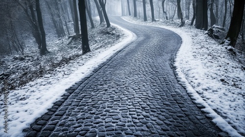 Winter cobblestone road through snowy forest