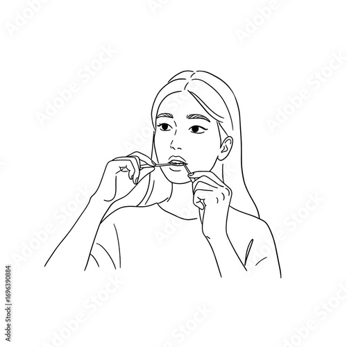 Simple line sketch of a woman flossing her teeth