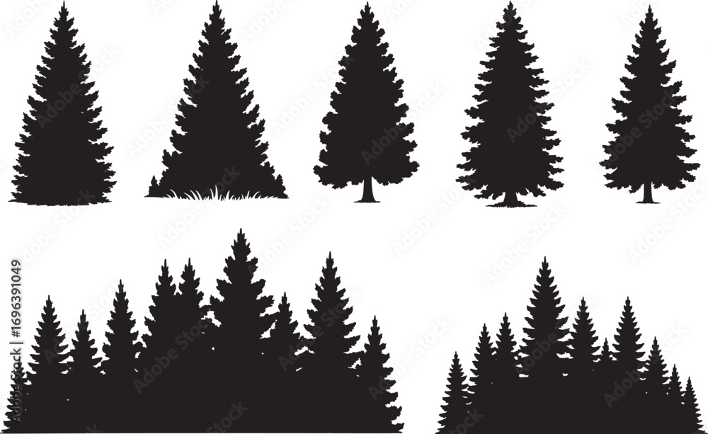 Fototapeta premium Christmas Tree Vector Silhouette Set – Pine, Fir, Spruce, Evergreen Nature Icons for Winter and Holiday Design