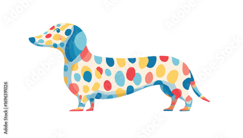 Colorful spotted Dachshund illustration standing alert and curious a playful and modern depiction of a beloved pet breed