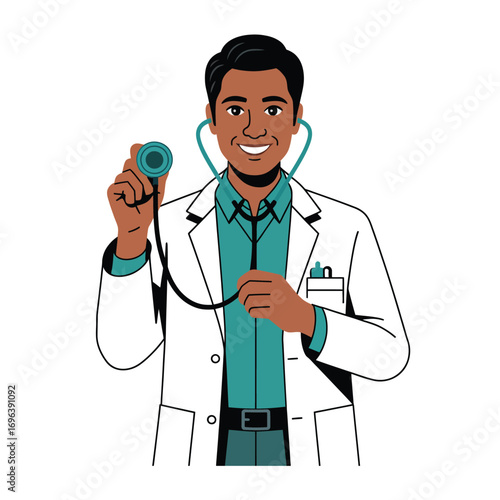 Colorful vector of a smiling doctor in white coat holding stethoscope isolated on white background